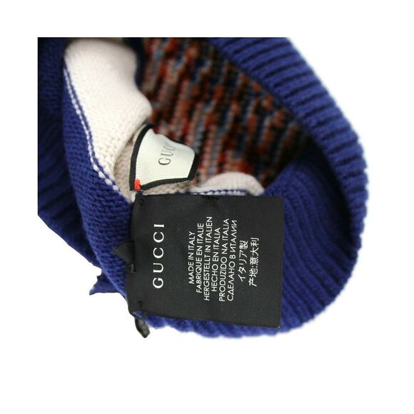 Gucci Men's Blue / White Striped Wool Knit Beanie Hat With Tiger Head M / 58 - Picture 5 of 5